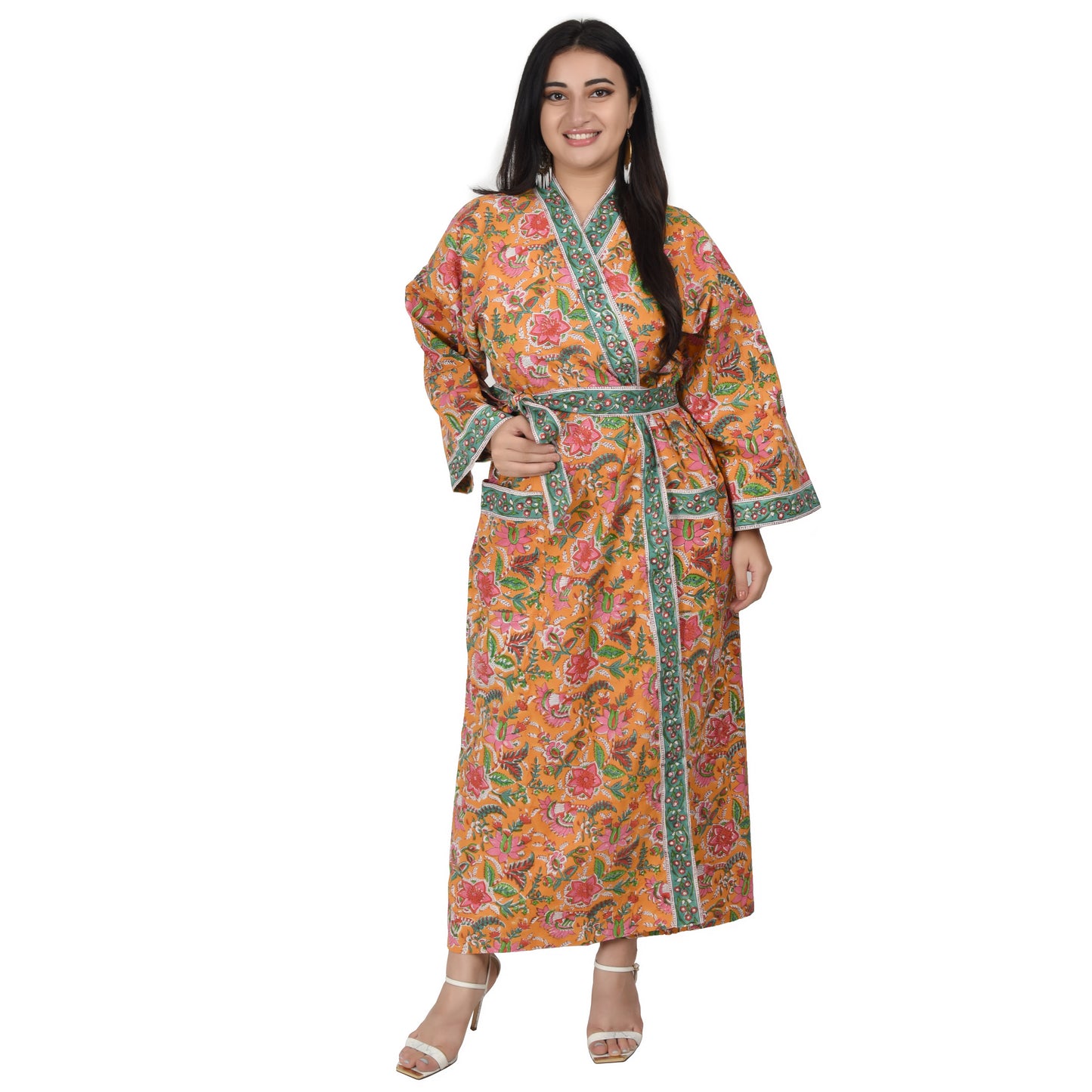 Hand Block Printed Sanganeri Jaipuri Floral Women Casual Kimono Dress Beach wear sleepwear belted dress