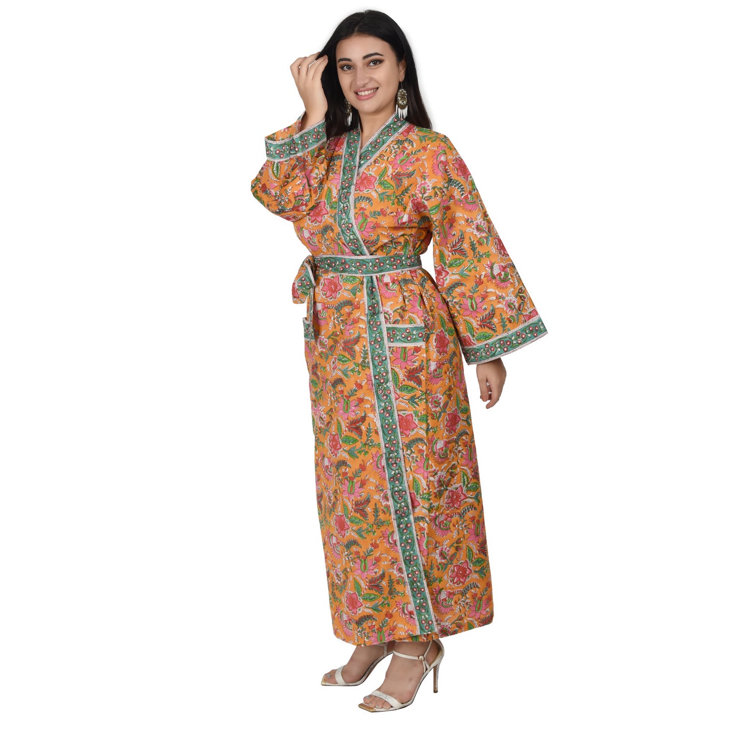 Hand Block Printed Sanganeri Jaipuri Floral Women Casual Kimono Dress Beach wear sleepwear belted dress