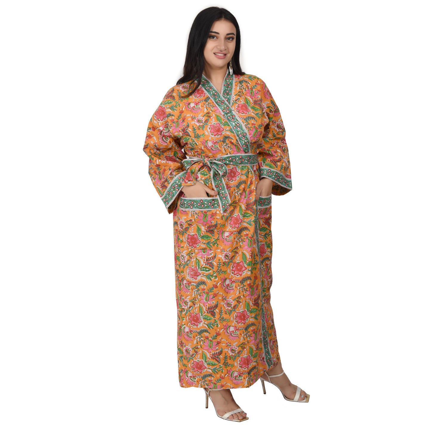 Hand Block Printed Sanganeri Jaipuri Floral Women Casual Kimono Dress Beach wear sleepwear belted dress