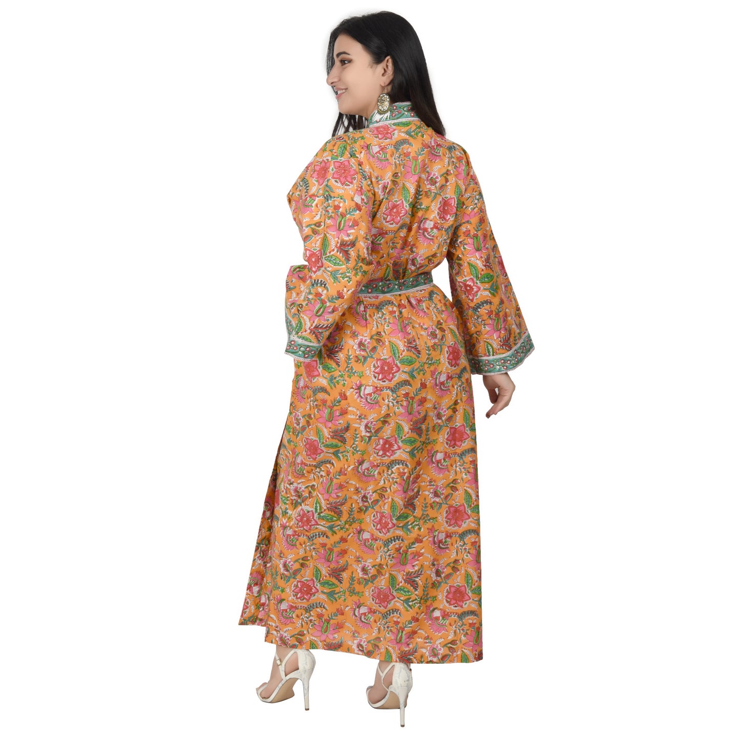 Hand Block Printed Sanganeri Jaipuri Floral Women Casual Kimono Dress Beach wear sleepwear belted dress