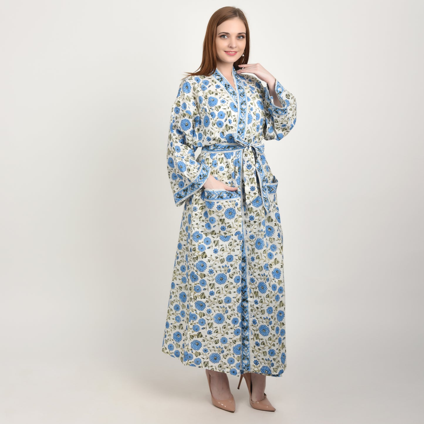 Hand Block Printed Sanganeri Jaipuri Floral Women Casual Kimono Dress Beach wear sleepwear belted dress