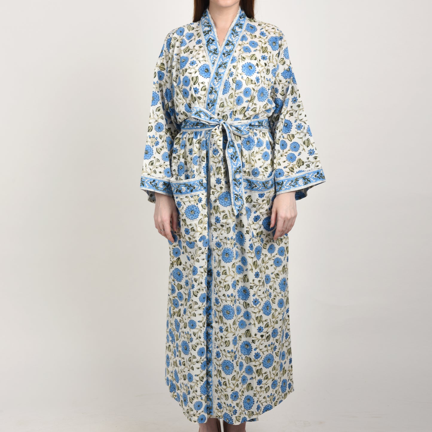 Hand Block Printed Sanganeri Jaipuri Floral Women Casual Kimono Dress Beach wear sleepwear belted dress