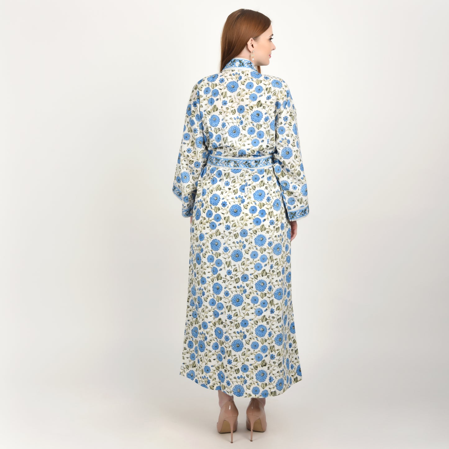Hand Block Printed Sanganeri Jaipuri Floral Women Casual Kimono Dress Beach wear sleepwear belted dress