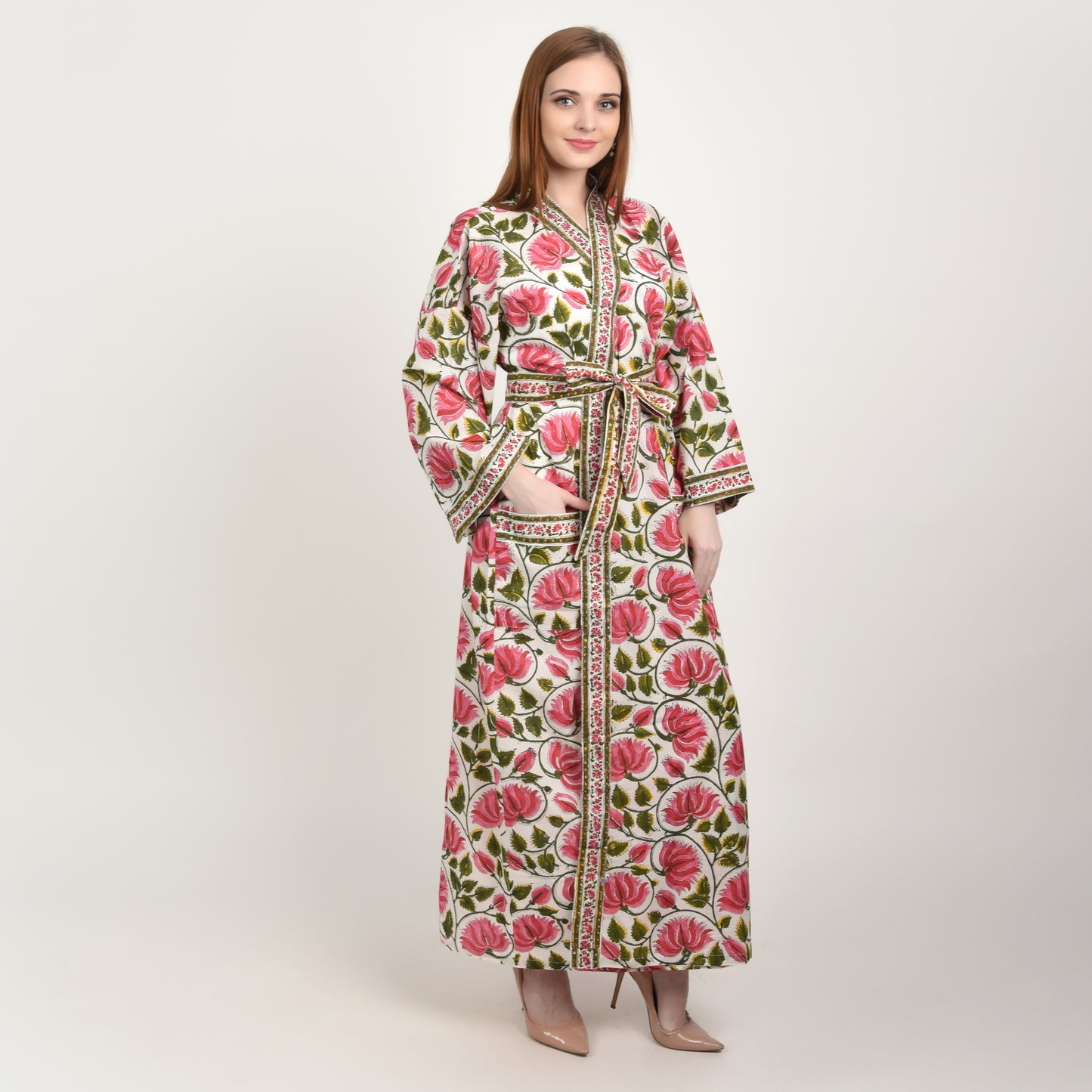 Hand Block Printed Sanganeri Jaipuri Floral Women Casual Kimono Dress Beach wear sleepwear belted dress