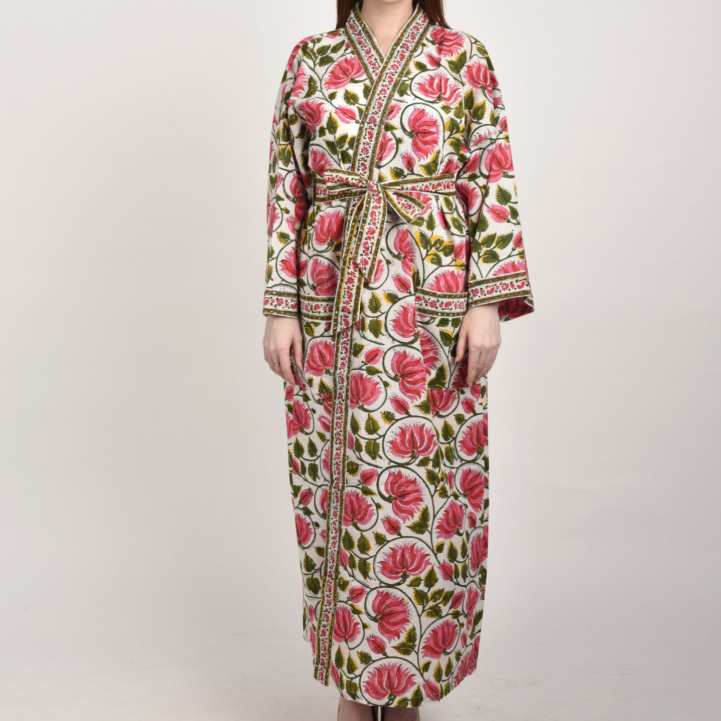 Hand Block Printed Sanganeri Jaipuri Floral Women Casual Kimono Dress Beach wear sleepwear belted dress
