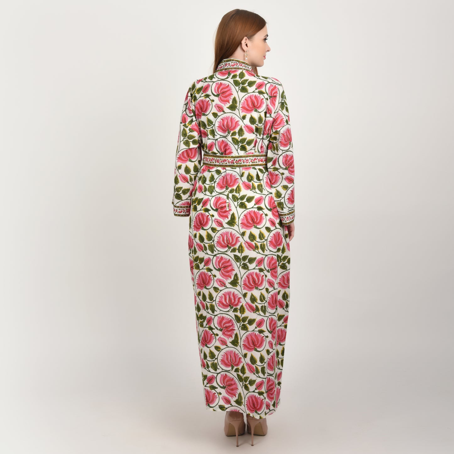 Hand Block Printed Sanganeri Jaipuri Floral Women Casual Kimono Dress Beach wear sleepwear belted dress
