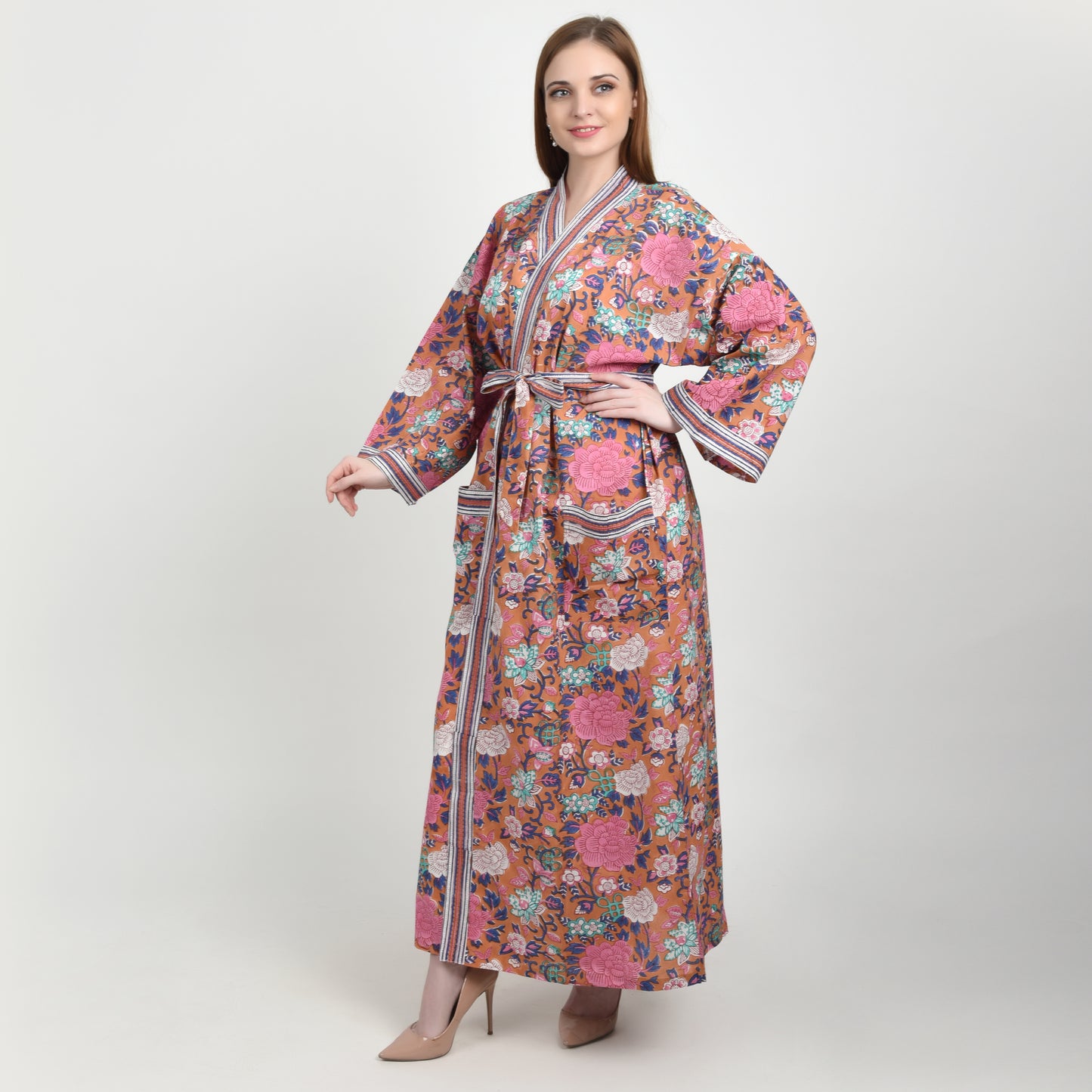 Hand Block Printed Sanganeri Jaipuri Floral Women Casual Kimono Dress Beach wear sleepwear belted dress