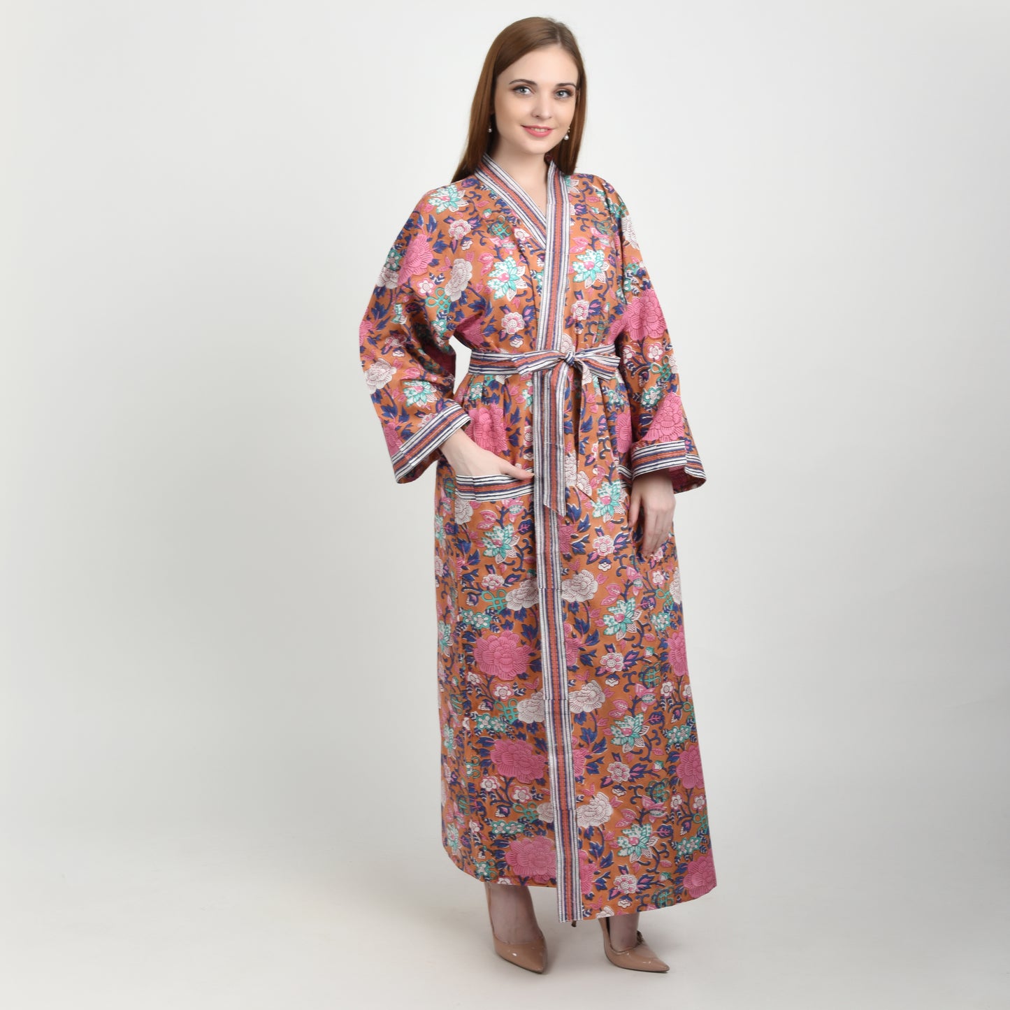 Hand Block Printed Sanganeri Jaipuri Floral Women Casual Kimono Dress Beach wear sleepwear belted dress