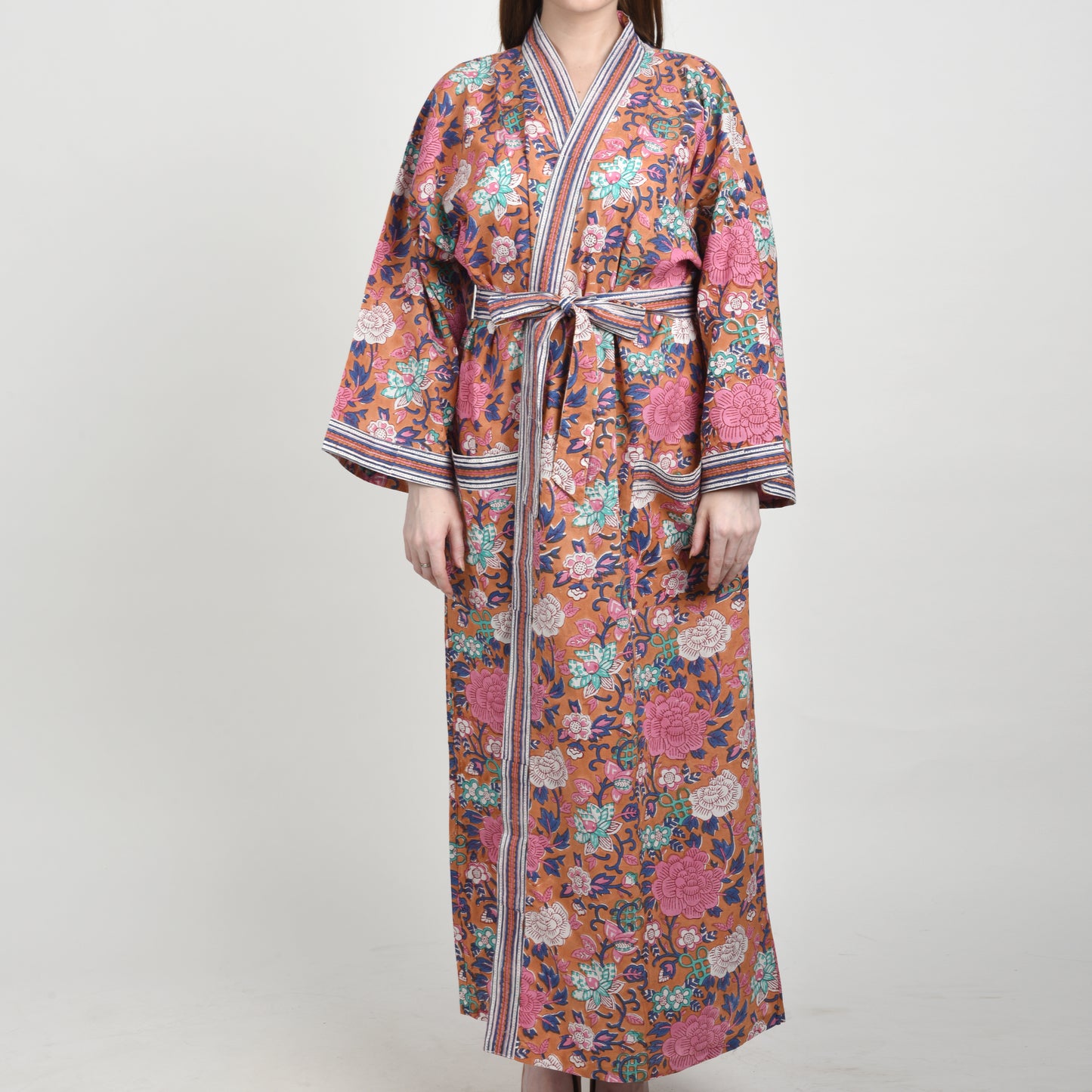 Hand Block Printed Sanganeri Jaipuri Floral Women Casual Kimono Dress Beach wear sleepwear belted dress
