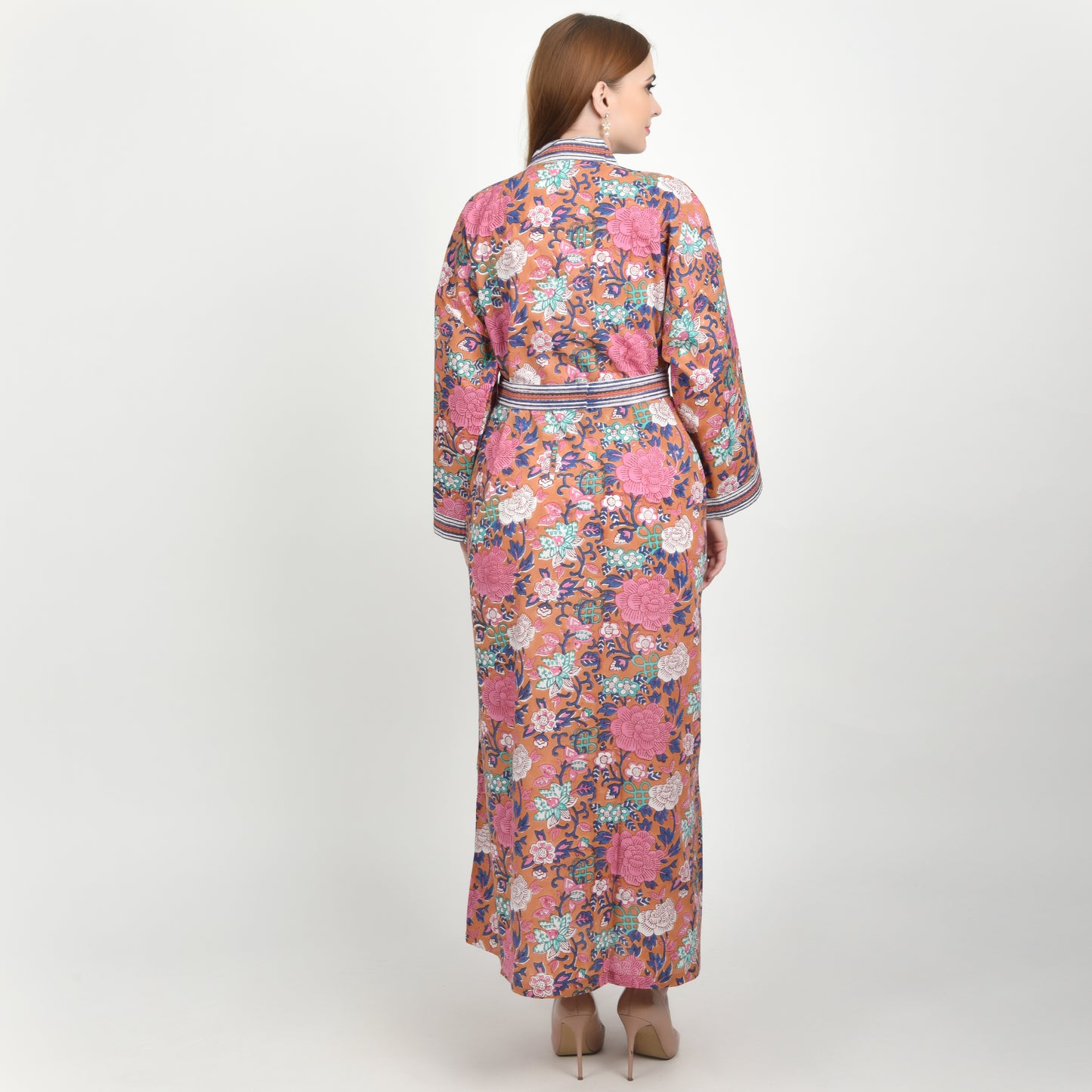 Hand Block Printed Sanganeri Jaipuri Floral Women Casual Kimono Dress Beach wear sleepwear belted dress