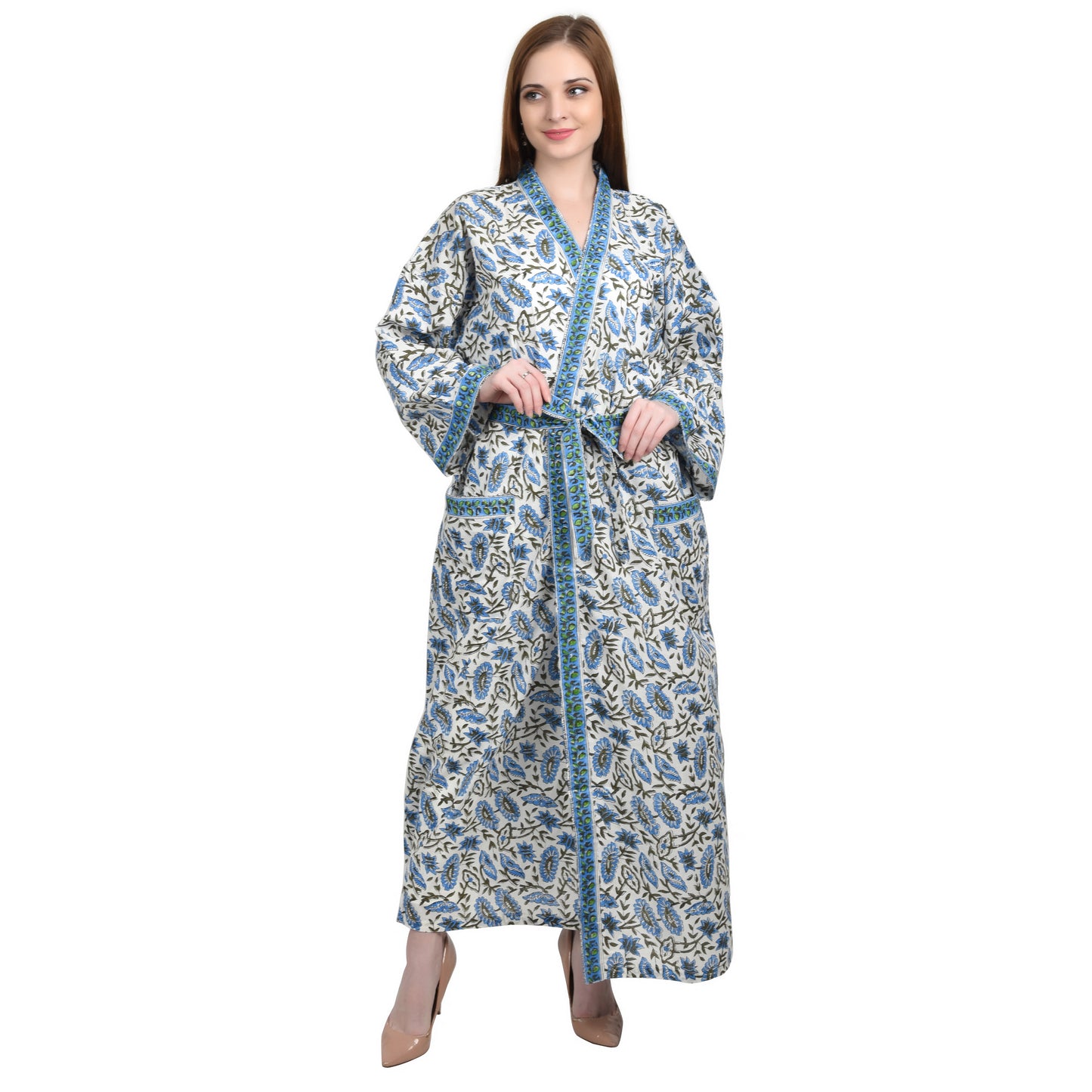 Hand Block Printed Sanganeri Jaipuri Floral Women Casual Kimono Dress Beach wear sleepwear belted dress