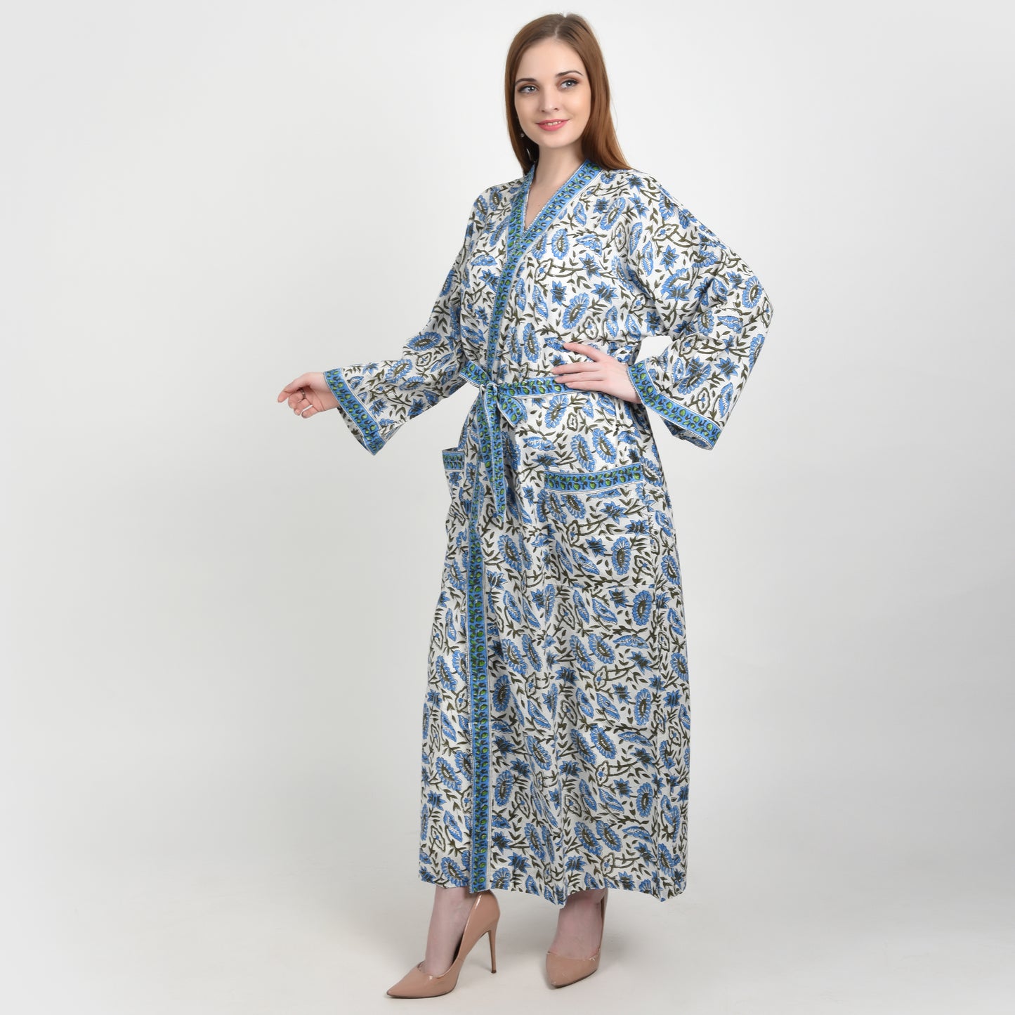 Hand Block Printed Sanganeri Jaipuri Floral Women Casual Kimono Dress Beach wear sleepwear belted dress