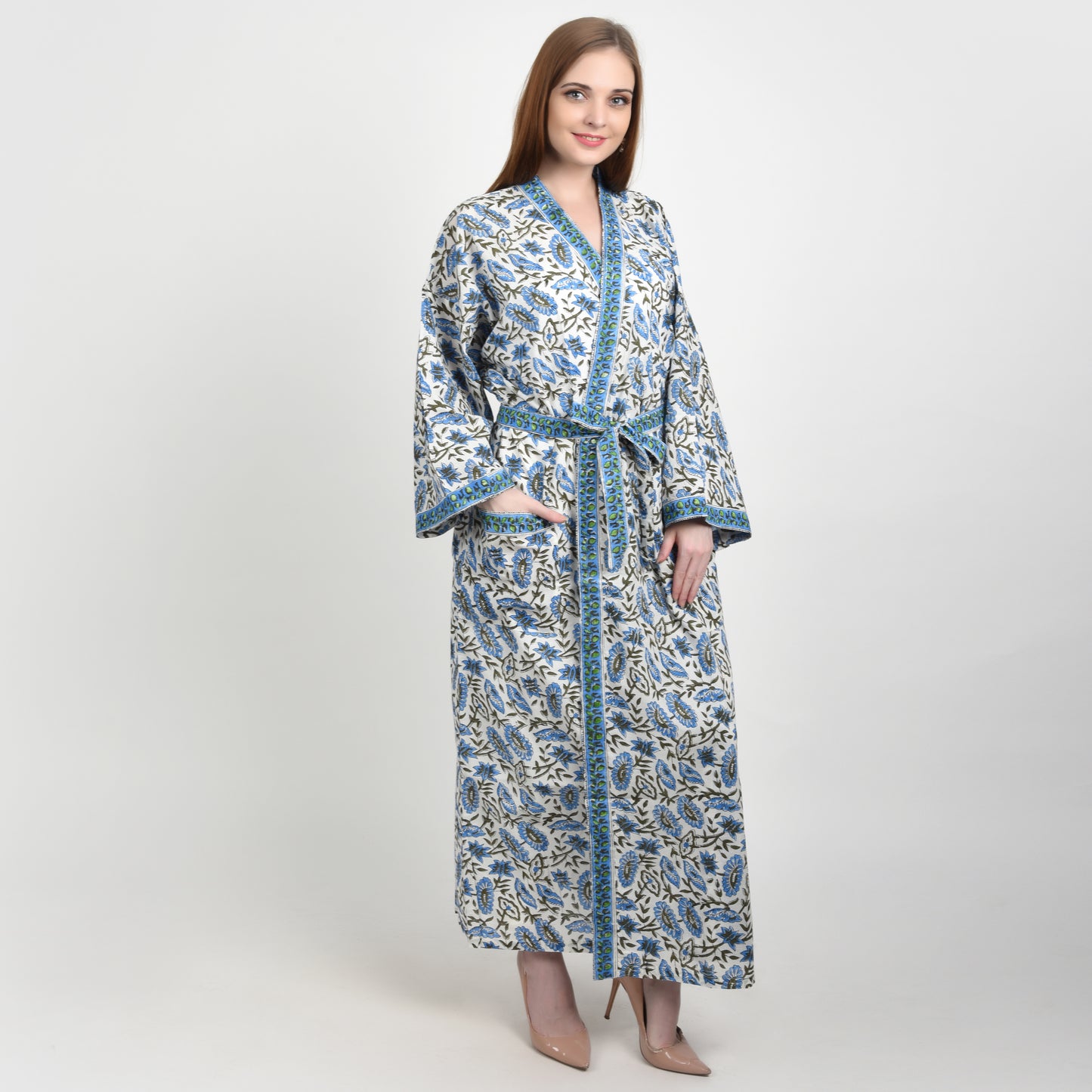 Hand Block Printed Sanganeri Jaipuri Floral Women Casual Kimono Dress Beach wear sleepwear belted dress