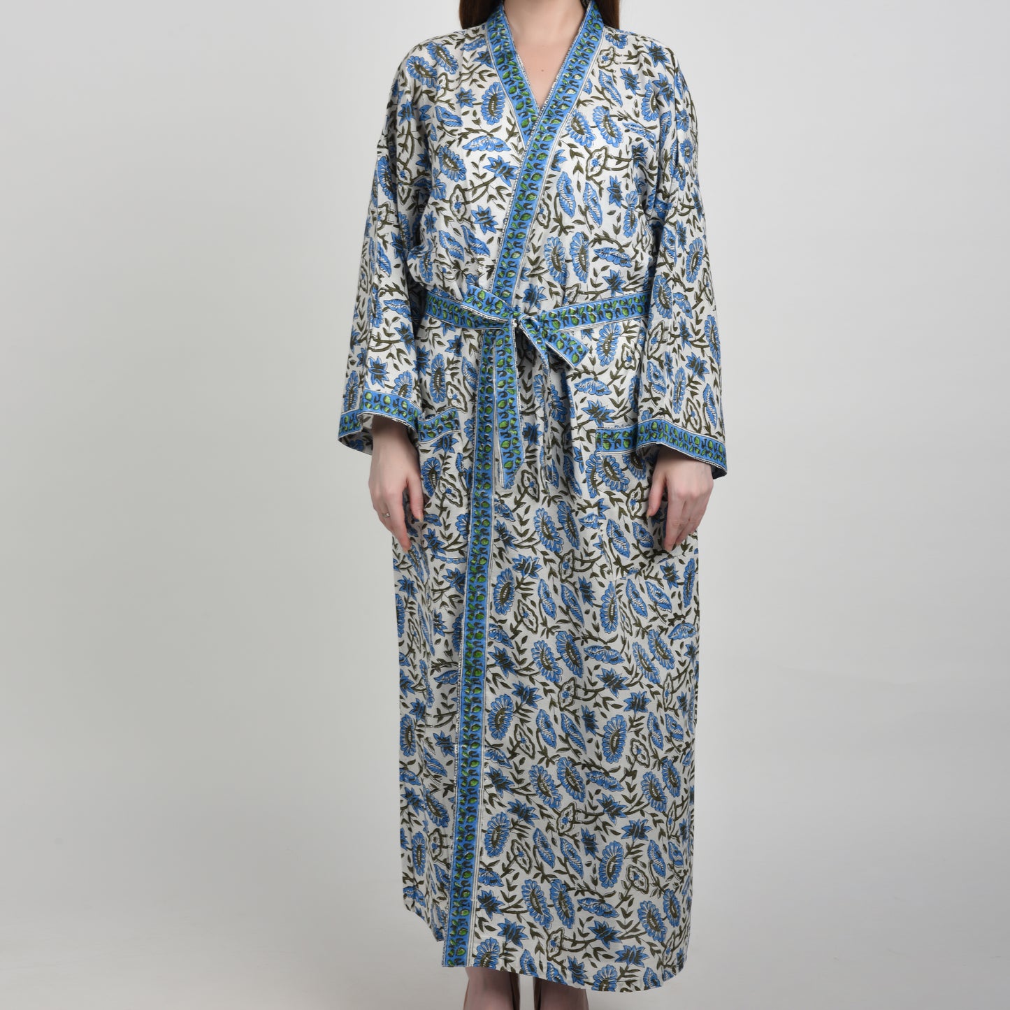 Hand Block Printed Sanganeri Jaipuri Floral Women Casual Kimono Dress Beach wear sleepwear belted dress