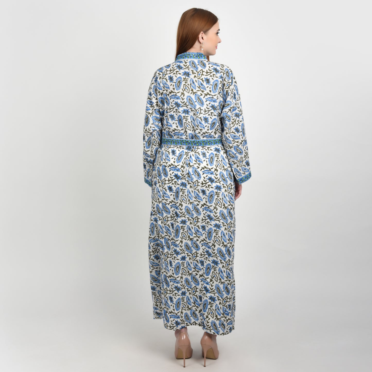 Hand Block Printed Sanganeri Jaipuri Floral Women Casual Kimono Dress Beach wear sleepwear belted dress