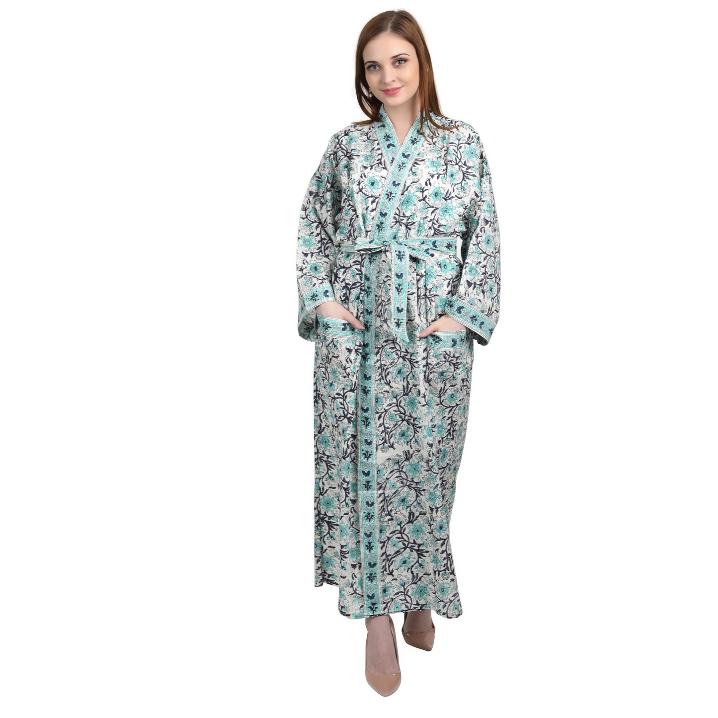 Hand Block Printed Sanganeri Jaipuri Floral Women Casual Kimono Dress Beach wear sleepwear belted dress