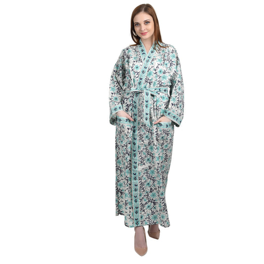Hand Block Printed Sanganeri Jaipuri Floral Women Casual Kimono Dress Beach wear sleepwear belted dress