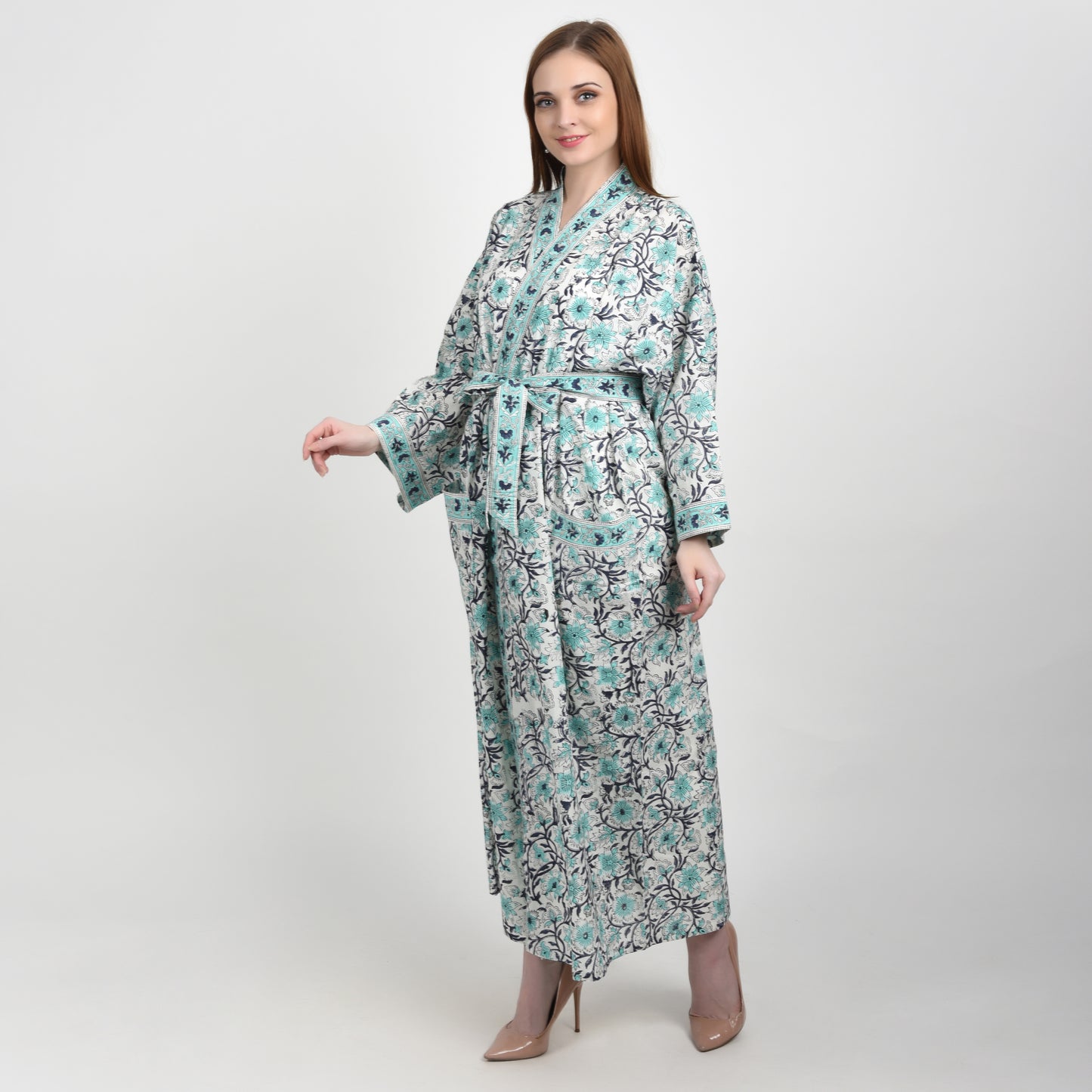 Hand Block Printed Sanganeri Jaipuri Floral Women Casual Kimono Dress Beach wear sleepwear belted dress