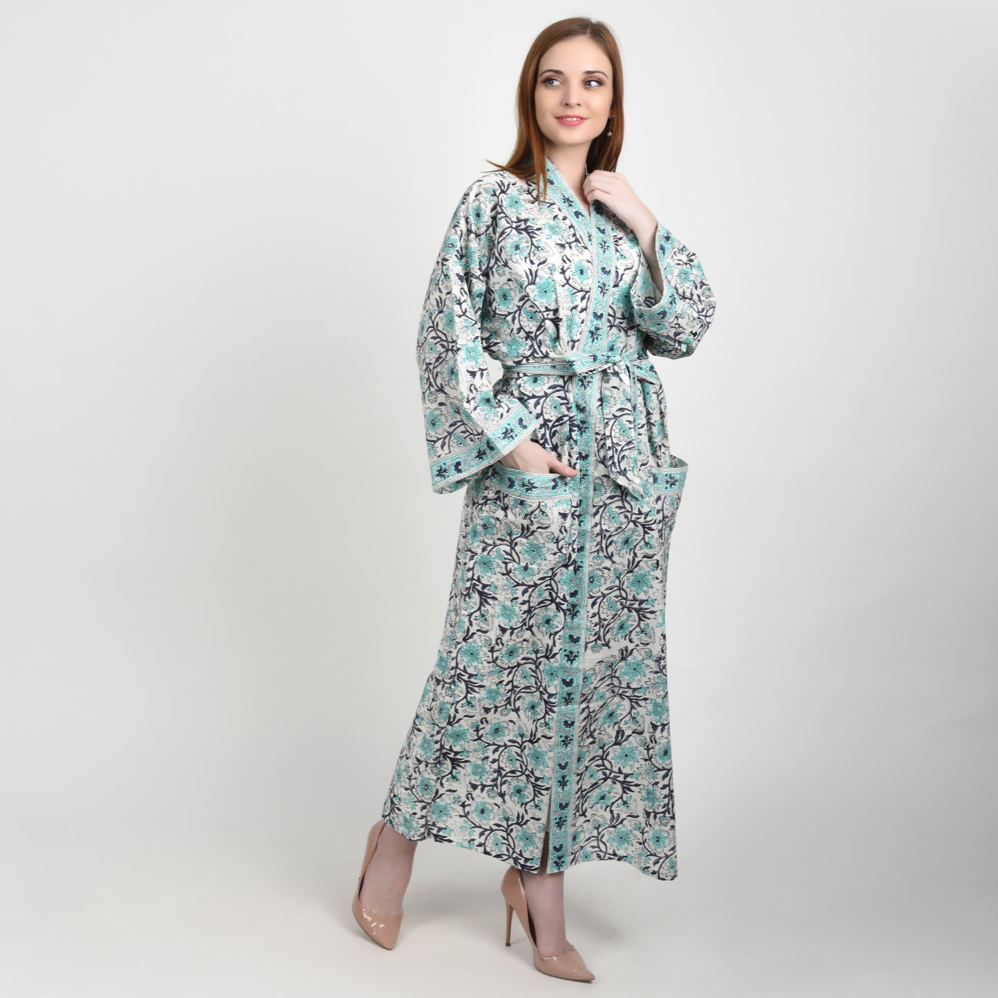Hand Block Printed Sanganeri Jaipuri Floral Women Casual Kimono Dress Beach wear sleepwear belted dress