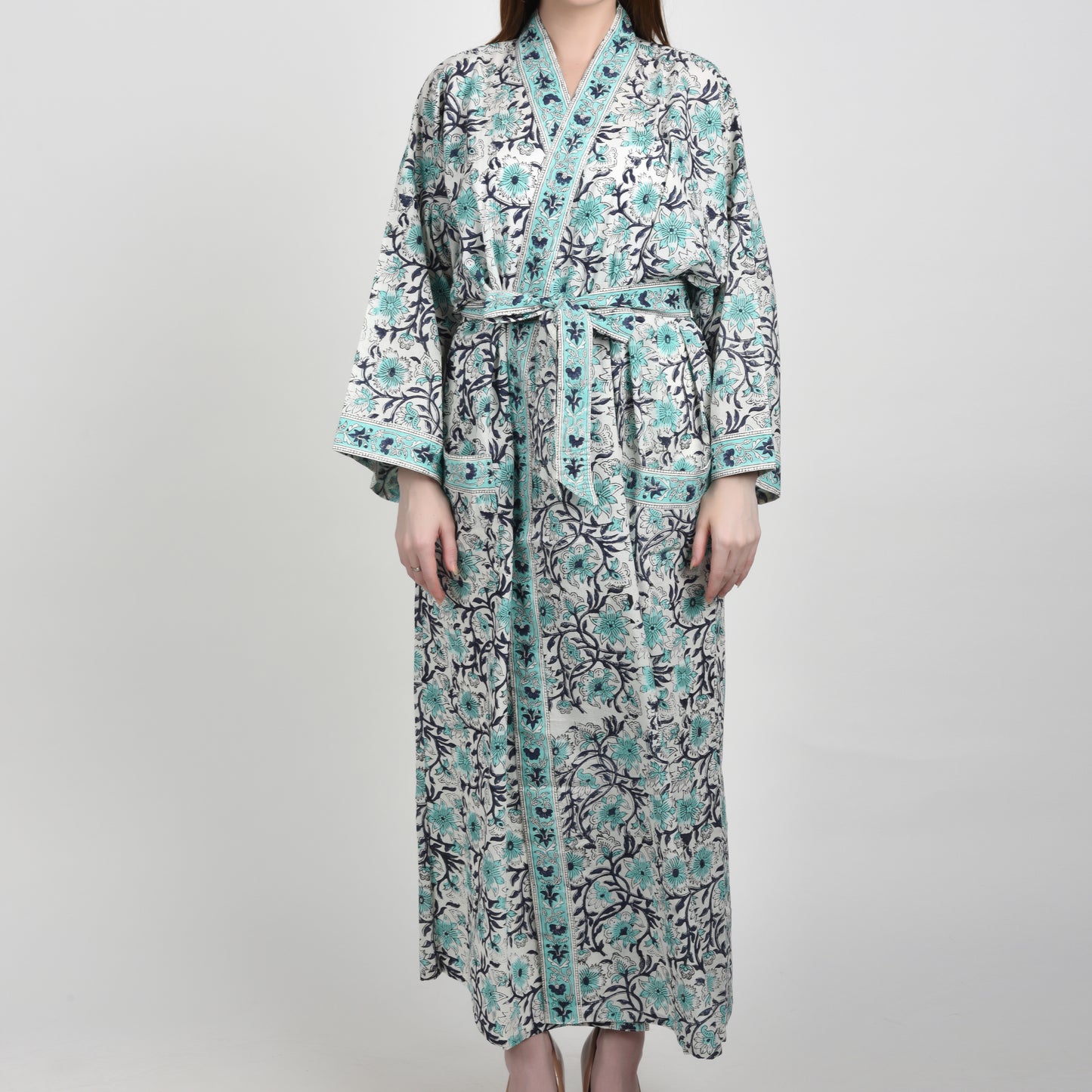 Hand Block Printed Sanganeri Jaipuri Floral Women Casual Kimono Dress Beach wear sleepwear belted dress