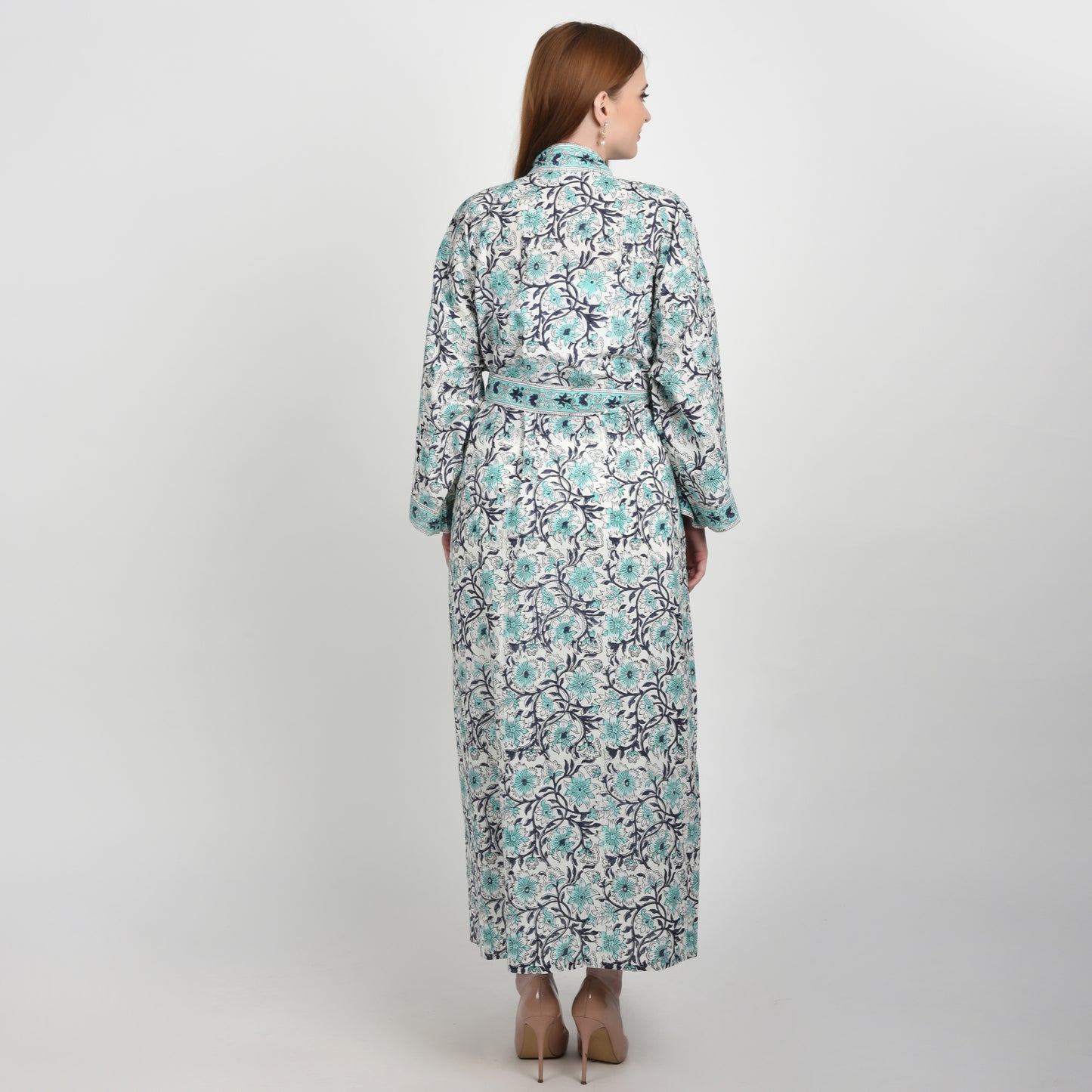 Hand Block Printed Sanganeri Jaipuri Floral Women Casual Kimono Dress Beach wear sleepwear belted dress