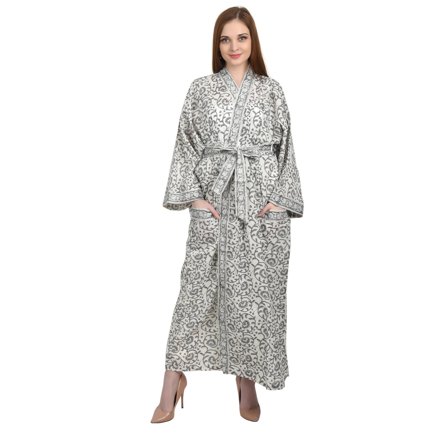 Hand Block Printed Sanganeri Jaipuri Floral Women Casual Kimono Dress Beach wear sleepwear belted dress