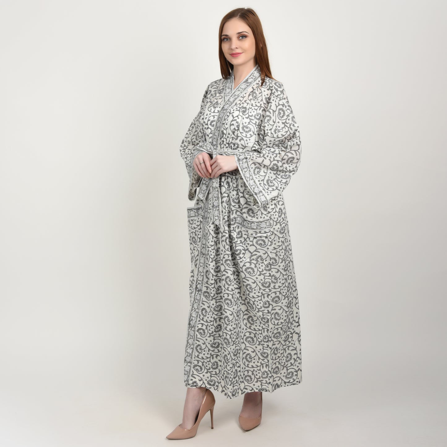 Hand Block Printed Sanganeri Jaipuri Floral Women Casual Kimono Dress Beach wear sleepwear belted dress