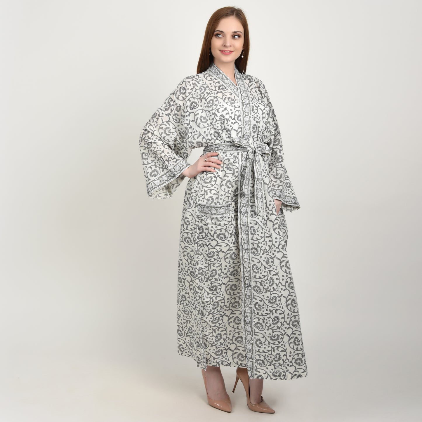 Hand Block Printed Sanganeri Jaipuri Floral Women Casual Kimono Dress Beach wear sleepwear belted dress