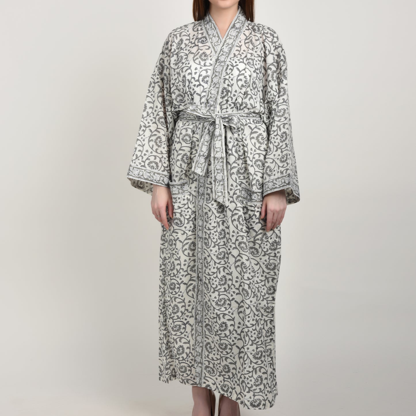Hand Block Printed Sanganeri Jaipuri Floral Women Casual Kimono Dress Beach wear sleepwear belted dress