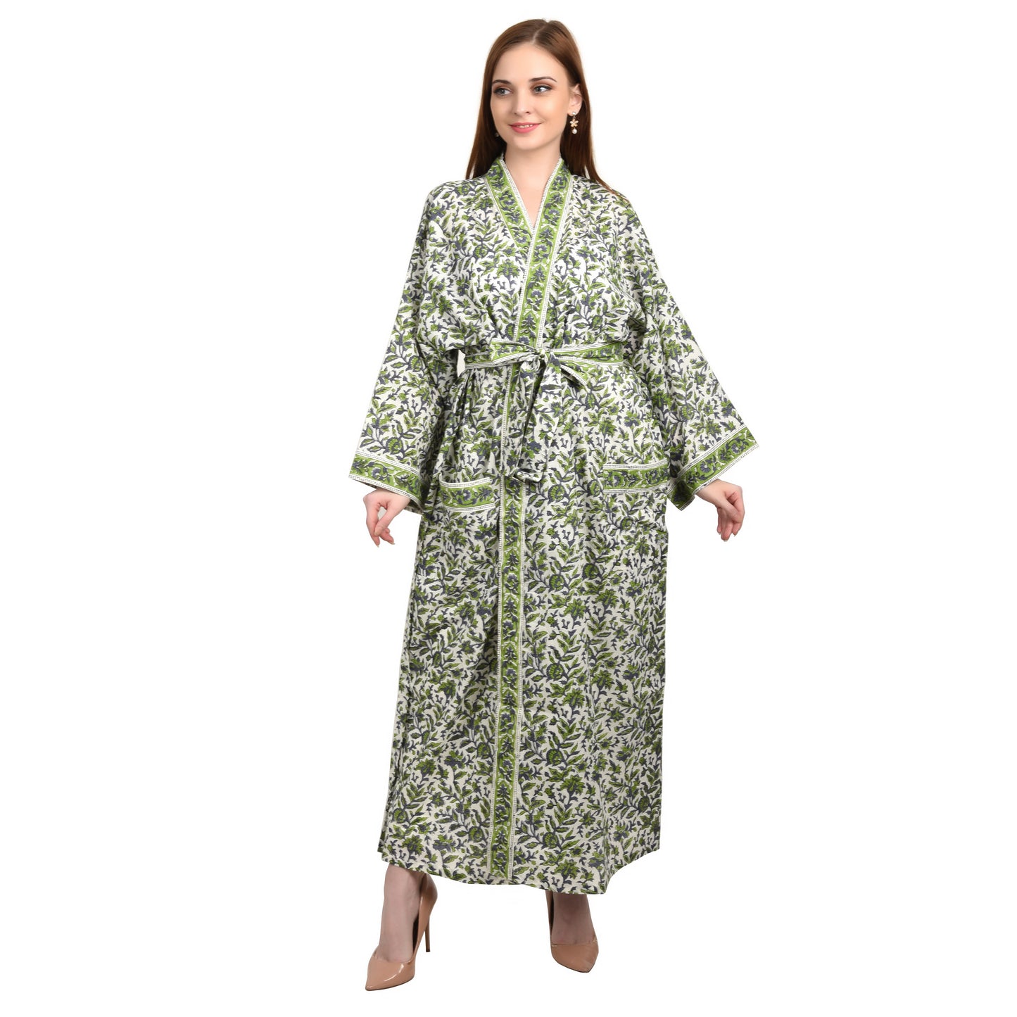 Hand Block Printed Sanganeri Jaipuri Floral Women Casual Kimono Dress Beach wear sleepwear belted dress