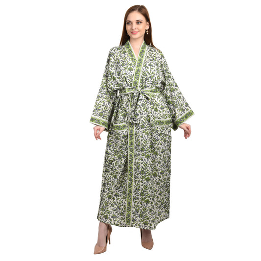 Hand Block Printed Sanganeri Jaipuri Floral Women Casual Kimono Dress Beach wear sleepwear belted dress