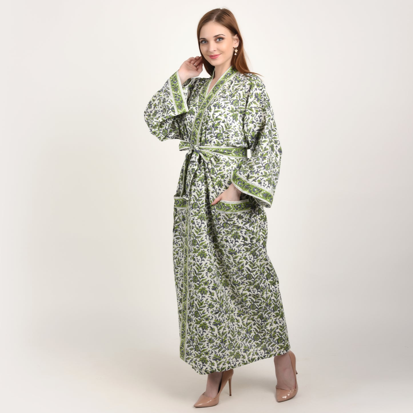 Hand Block Printed Sanganeri Jaipuri Floral Women Casual Kimono Dress Beach wear sleepwear belted dress