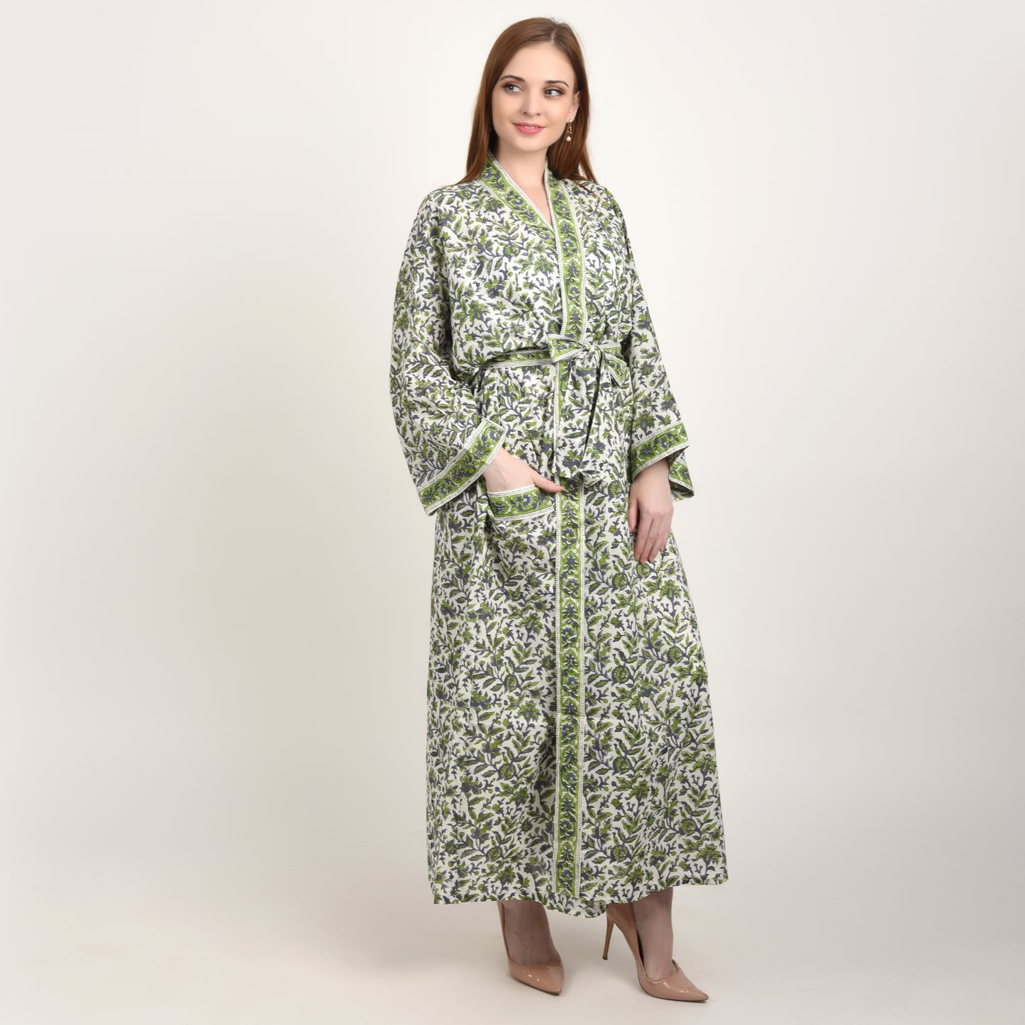 Hand Block Printed Sanganeri Jaipuri Floral Women Casual Kimono Dress Beach wear sleepwear belted dress