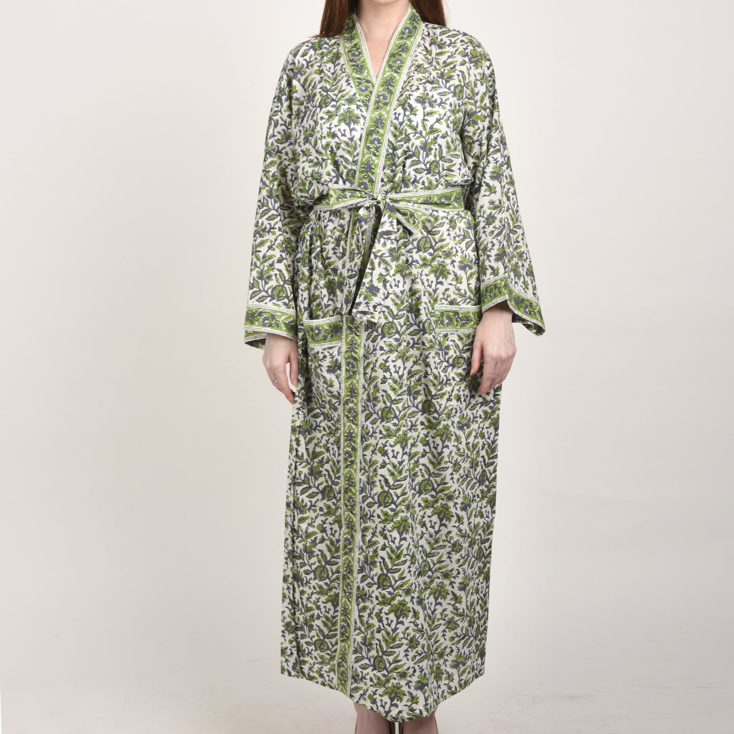 Hand Block Printed Sanganeri Jaipuri Floral Women Casual Kimono Dress Beach wear sleepwear belted dress