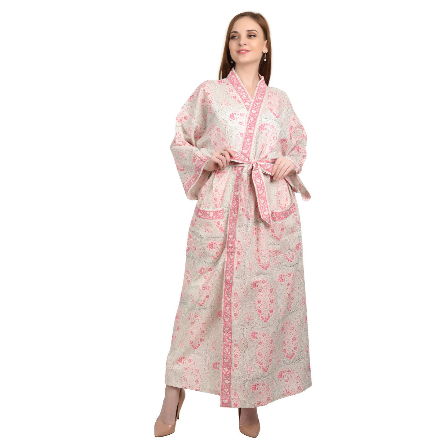 Hand Block Printed Sanganeri Jaipuri Floral Women Casual Kimono Dress Beach wear sleepwear belted dress