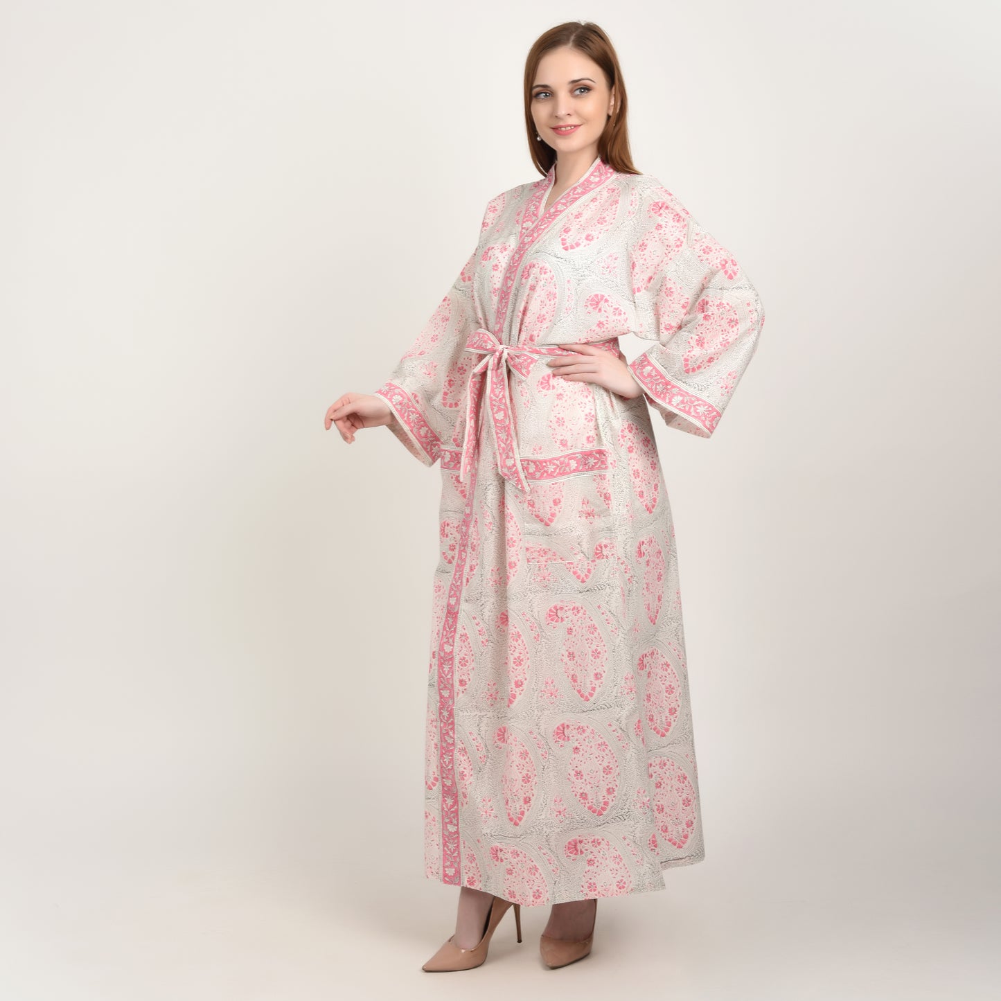 Hand Block Printed Sanganeri Jaipuri Floral Women Casual Kimono Dress Beach wear sleepwear belted dress