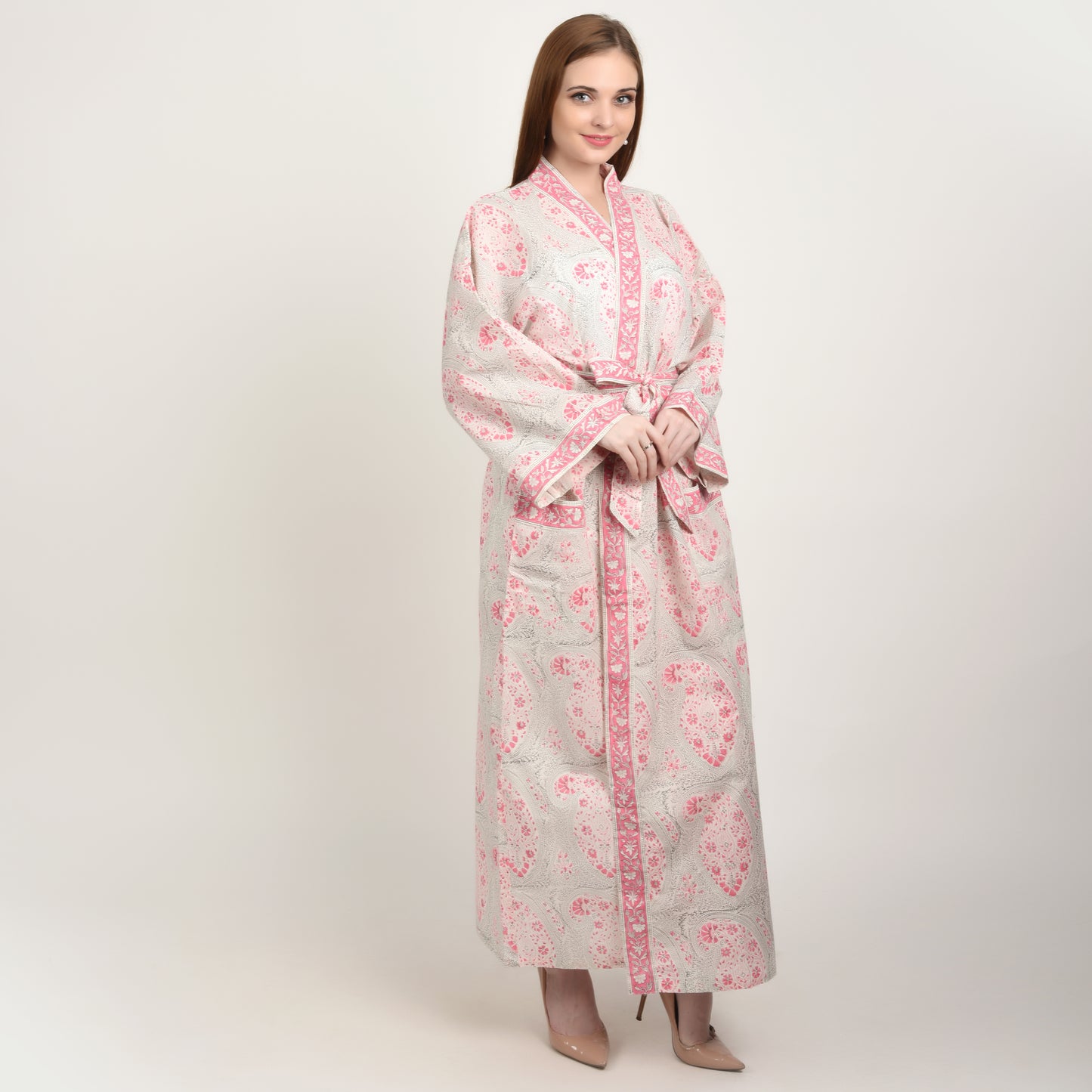 Hand Block Printed Sanganeri Jaipuri Floral Women Casual Kimono Dress Beach wear sleepwear belted dress