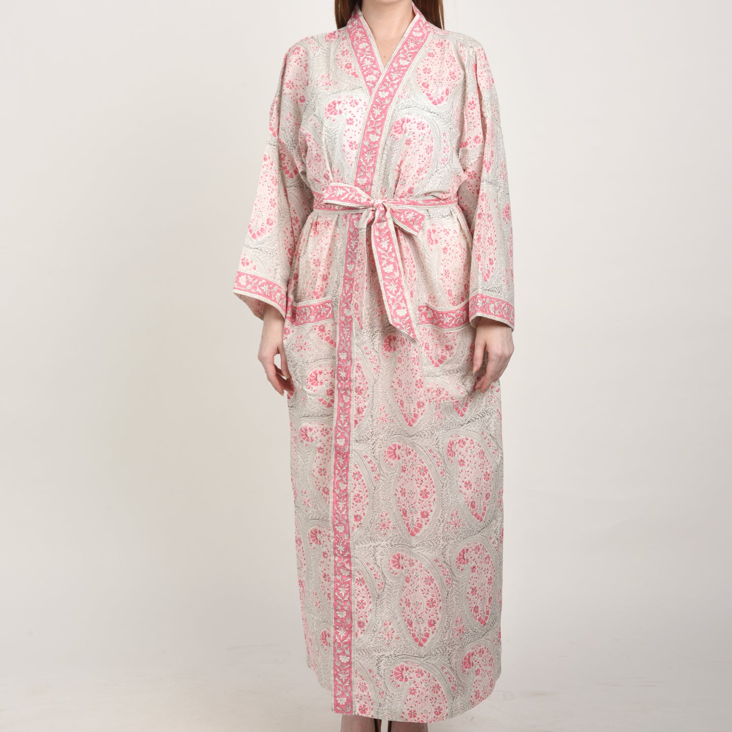 Hand Block Printed Sanganeri Jaipuri Floral Women Casual Kimono Dress Beach wear sleepwear belted dress
