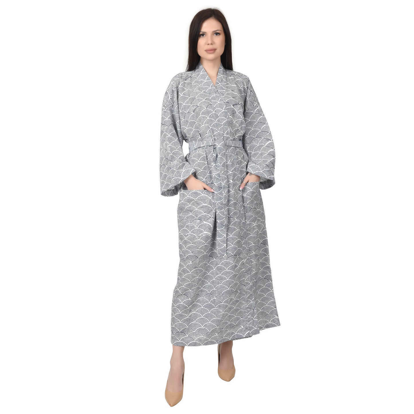 Hand Block Printed Sanganeri Jaipuri Floral Women Casual Kimono Dress Beach wear sleepwear belted dress