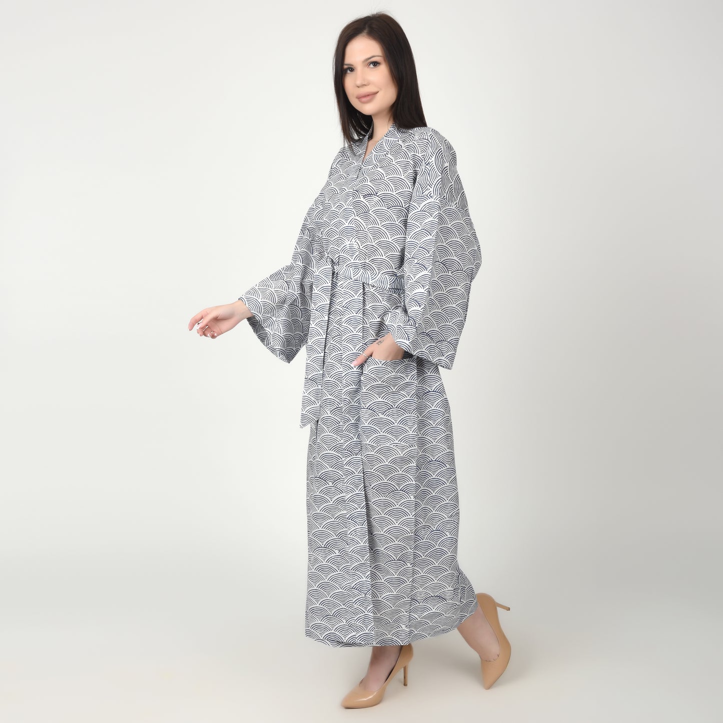 Hand Block Printed Sanganeri Jaipuri Floral Women Casual Kimono Dress Beach wear sleepwear belted dress