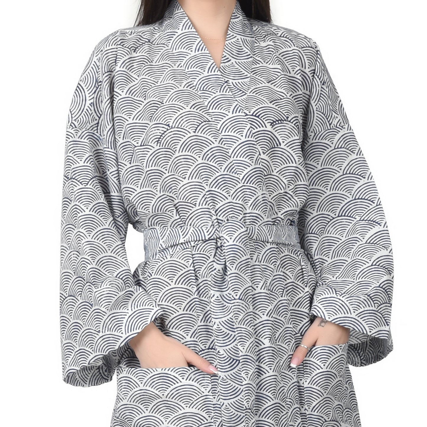 Hand Block Printed Sanganeri Jaipuri Floral Women Casual Kimono Dress Beach wear sleepwear belted dress