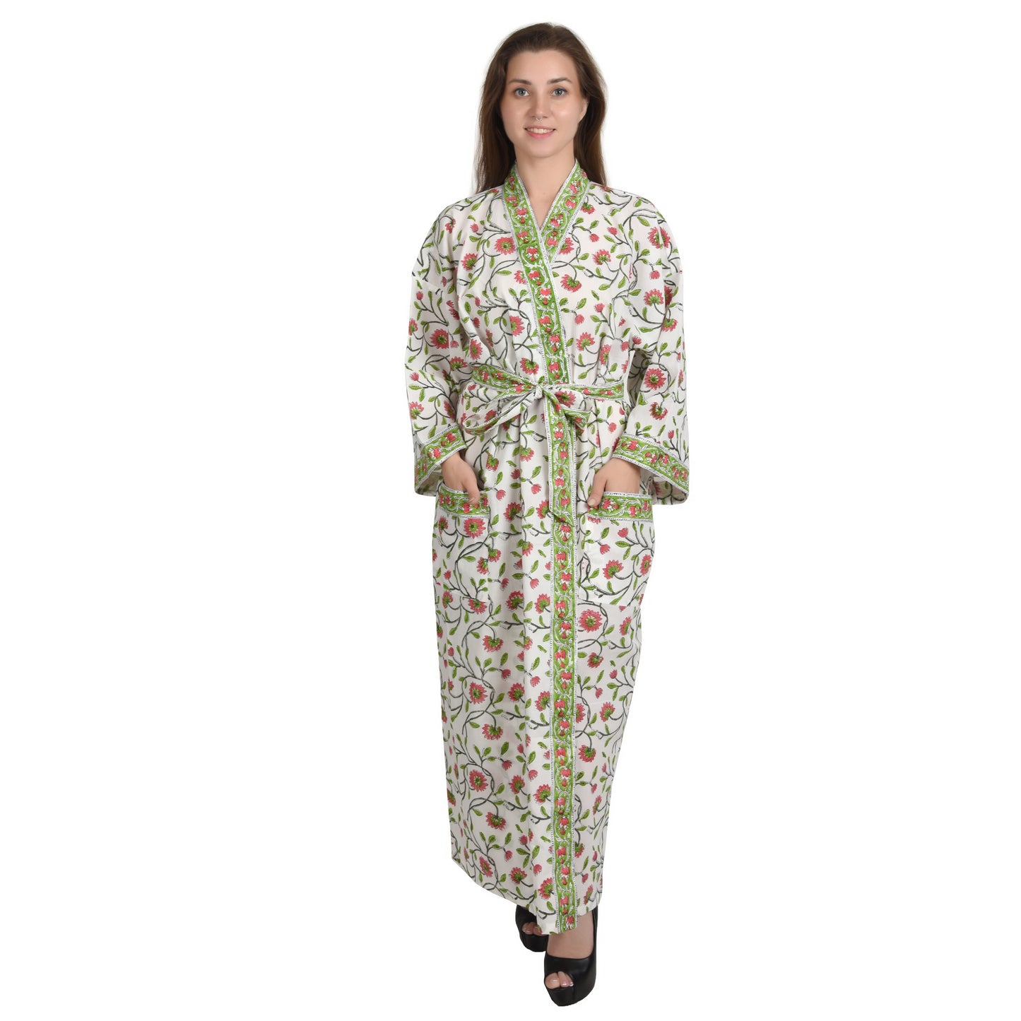 Hand Block Printed Sanganeri Jaipuri Floral Women Casual Kimono Dress Beach wear sleepwear belted dress