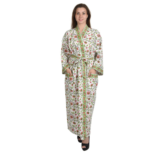 Hand Block Printed Sanganeri Jaipuri Floral Women Casual Kimono Dress Beach wear sleepwear belted dress