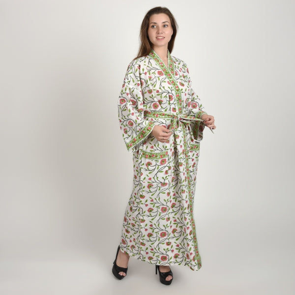 Hand Block Printed Sanganeri Jaipuri Floral Women Casual Kimono Dress Beach wear sleepwear belted dress