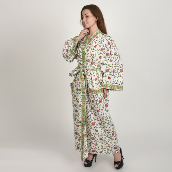 Hand Block Printed Sanganeri Jaipuri Floral Women Casual Kimono Dress Beach wear sleepwear belted dress