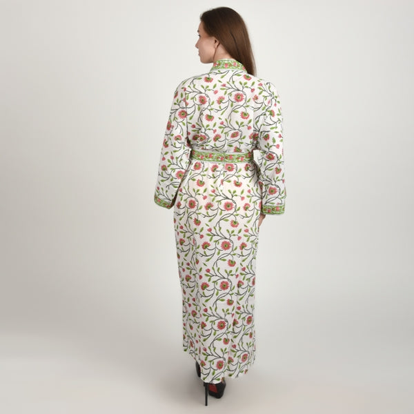 Hand Block Printed Sanganeri Jaipuri Floral Women Casual Kimono Dress Beach wear sleepwear belted dress