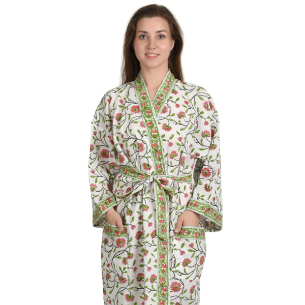 Hand Block Printed Sanganeri Jaipuri Floral Women Casual Kimono Dress Beach wear sleepwear belted dress