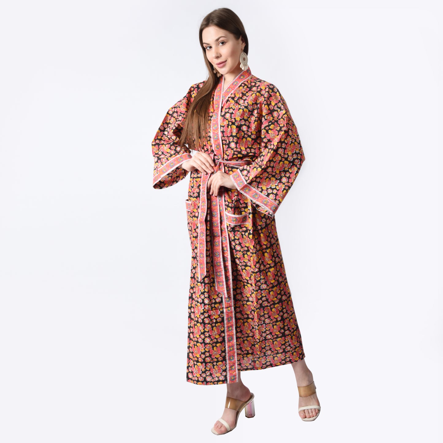 Hand Block Printed Sanganeri Jaipuri Floral Women Casual Kimono Dress Beach wear sleepwear belted dress