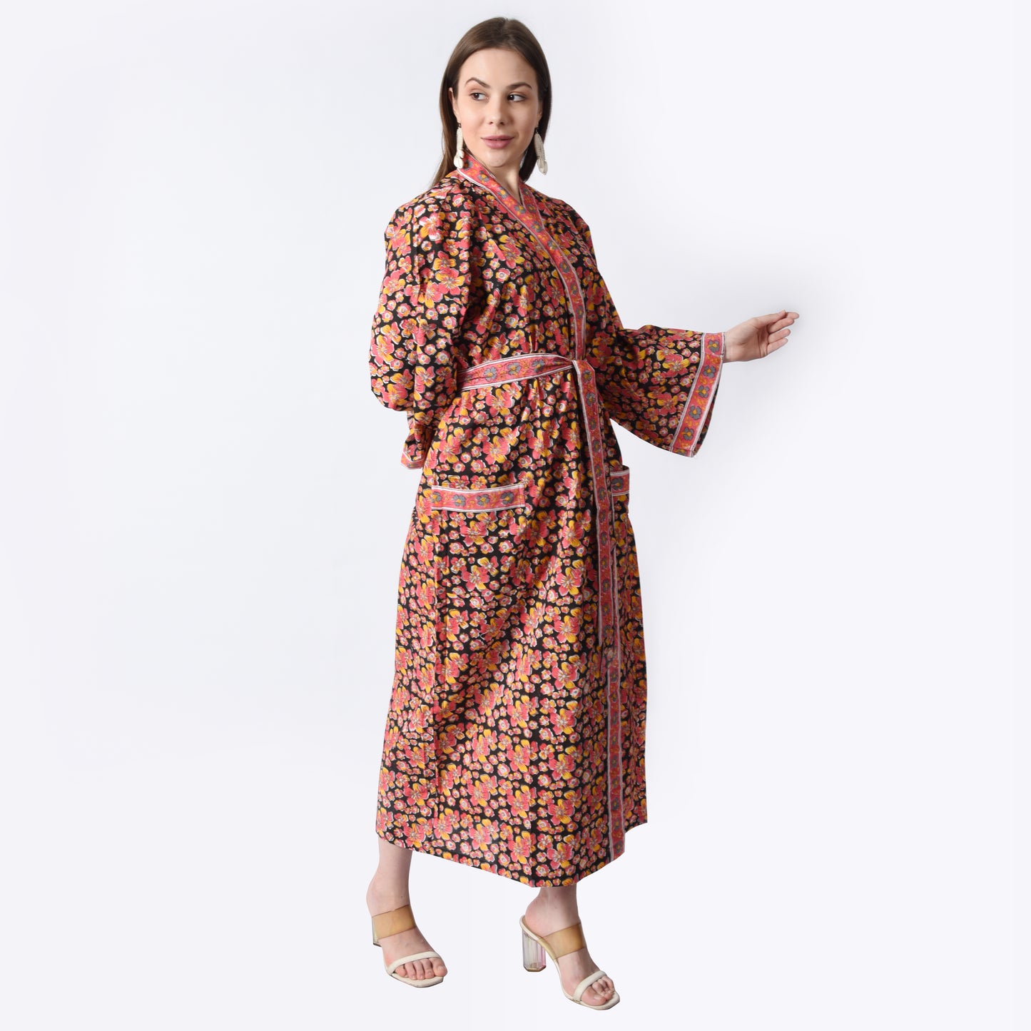 Hand Block Printed Sanganeri Jaipuri Floral Women Casual Kimono Dress Beach wear sleepwear belted dress