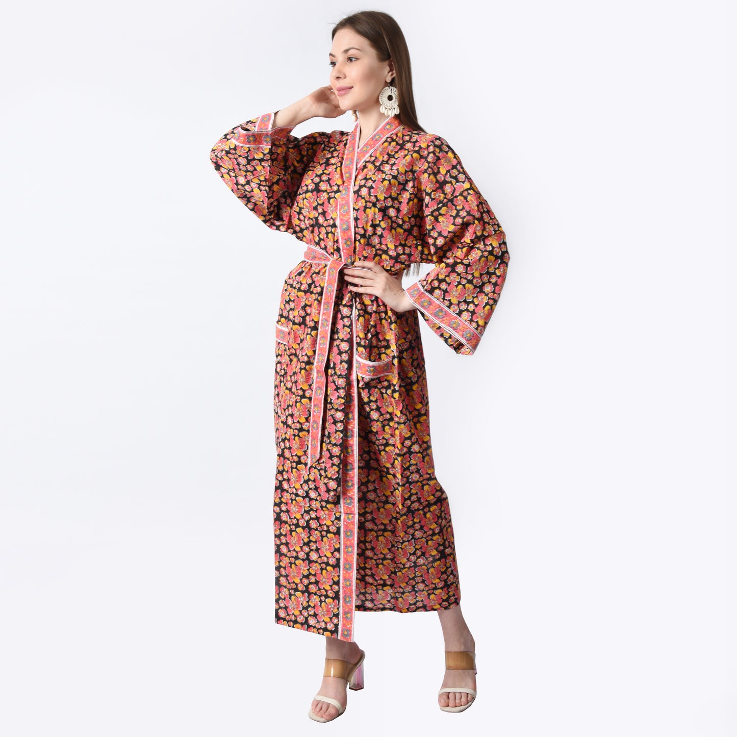 Hand Block Printed Sanganeri Jaipuri Floral Women Casual Kimono Dress Beach wear sleepwear belted dress